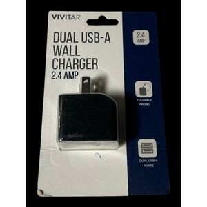 Vivitar Dual USB-A Wall Charger 2.4 Amp Foldable Prong Black NIL6002-BLK New